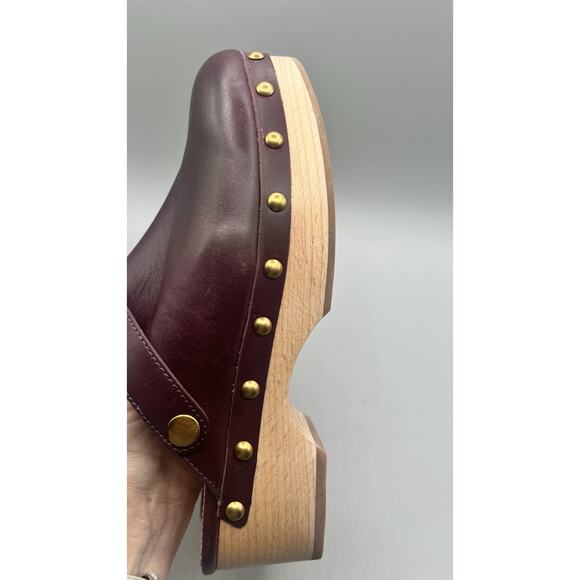 J. Crew Size 7 Convertible Leather Studded Embellished Wood Sole Clogs Shoe Wine - Picture 6 of 9